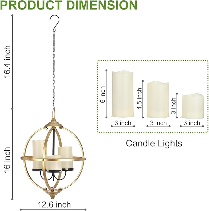 SUNNYPARK Battery Operated Outdoor Candle Chandelier - Gold and Black Metal Globe Hanging Pendant Light with 3 Flameless Candles, 12.6" Waterproof Lights for Gazebo, Pergola, Garden, Porch & Backyard