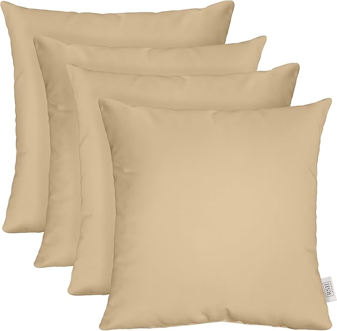 RSH DECOR: Square Throw Pillows Set of 4 | 17” x 17” | All-Weather Spun Fabric | Water and Fade-Resistant | Outdoor Accent Pillows for Patio Furniture | Tan