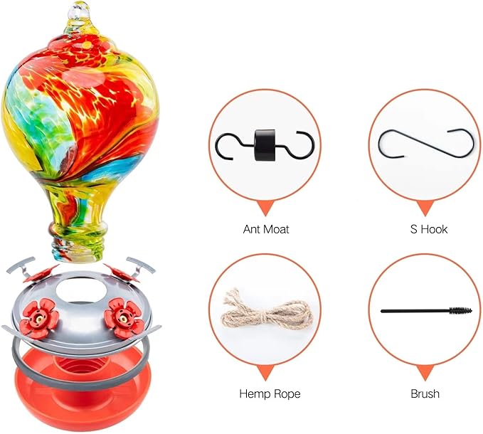 Muse Garden 32OZ Hummingbird Feeders Hanging, Blown Glass Hummingbird Feeder, Garden Backyard Decor, Carnival