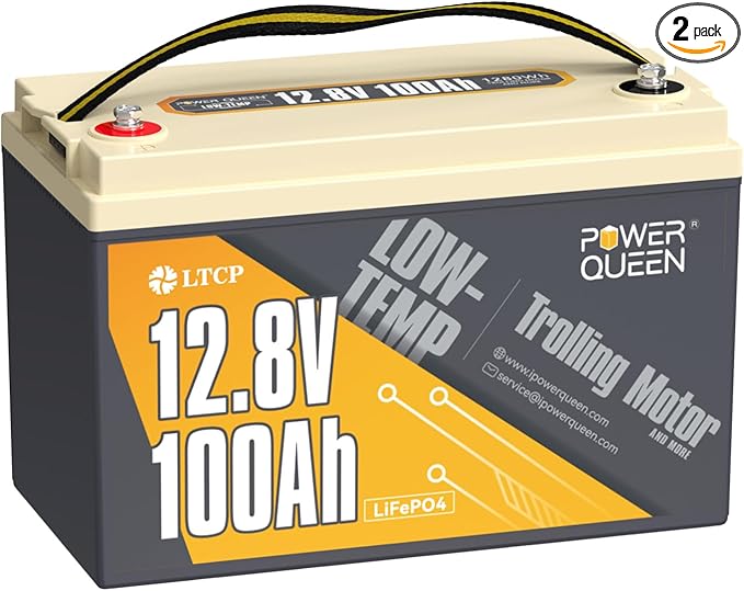 Power Queen 12V 100Ah LiFePO4 Battery Low-temp Protection Group 31, Deep Cycle Lithium Battery with 100A BMS, 1280Wh Energy, Up to 15000 Cycles for Trolling Motor Marine RV Solar (12V 100Ah, 2)