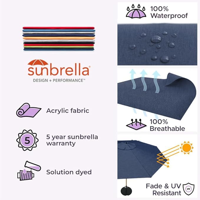 Midtown Umbrellas Sunbrella Umbrella Outdoor Patio Umbrella 2-8 Feet in Spectrum Indigo Acrylic Fabric - Auto-Tilt Aluminum Frame For Backyard Umbrella, Deck Umbrella & Porch Umbrella - Wooden Pole