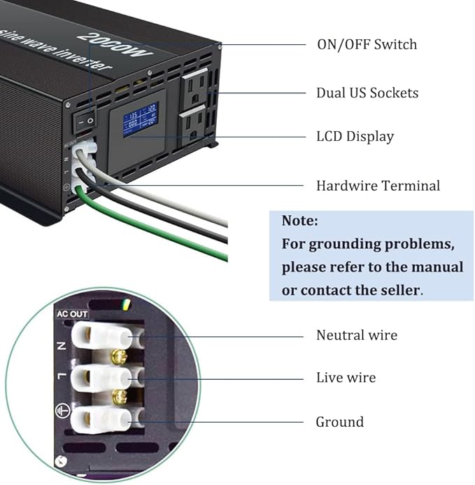 WZRELB Pure Sine Wave Inverter 2000W 12VDC to 120VAC Solar Power Converter Truck RV Home LCD Display