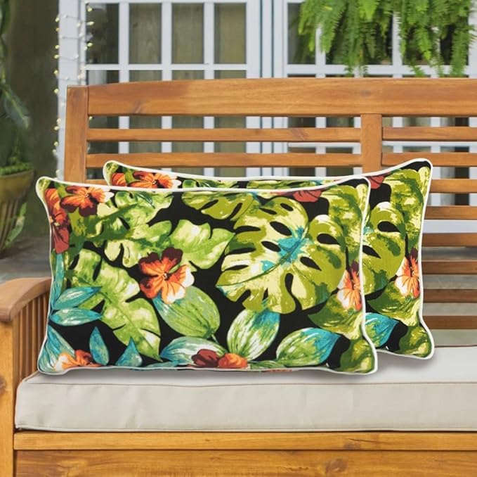 Lumbar Pillow Covers Set of 2, Outdoor Indoor Waterproof Decorative Patio Lumbar Pillowcase Shell 12x20 Inch, Rectangular Cushion Case for Couch Sofa Garden Farmhouse-Maui Tropical Black