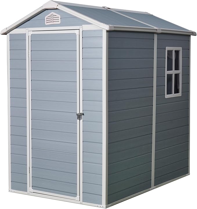 6X4 FT Outdoor Storage Shed W/Window & Air Vent,Resin Shed W/Lockable Door & Sloped Roof,Garden Tool House for Backyard Patio Lawn,Gray