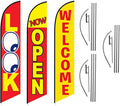 Look Now Open Welcome Red Yellow Advertising 15ft Feather Flag Kits Package, Includes 3 12ft Banner Flags, 3 14ft Flag Poles, and 3 Ground Stakes by Feather Flag Nation