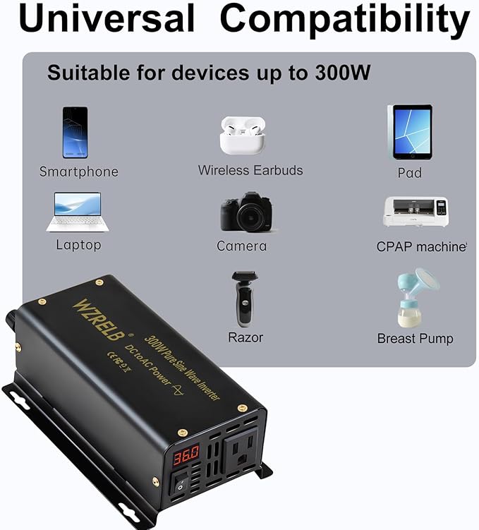 WZRELB 300W Pure Sine Wave Power Inverter 600W Peak DC 48V to 110V AC Car Adapter Off Grid with LED Display