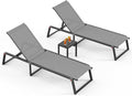 Aluminum Patio Chaise Lounge Set of 2 with 1 Side Table, Foldable Outdoor Pool Lounge Chairs 5-Position Recliner for Outside Poolside, Fully grounded legs Sun Lounger for Beach, Yard, Dark Gray