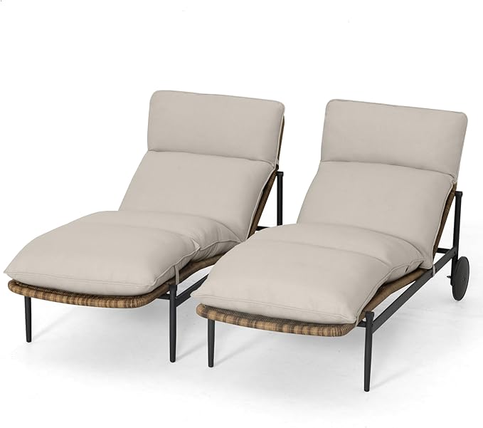 Chaise Lounge Set of 2 - PE Rattan Wicker Patio Pool Lounge Chair with Cushion and Wheels, Aluminum Waterproof Chaise Lounger for Poolside Backyard Deck Porch
