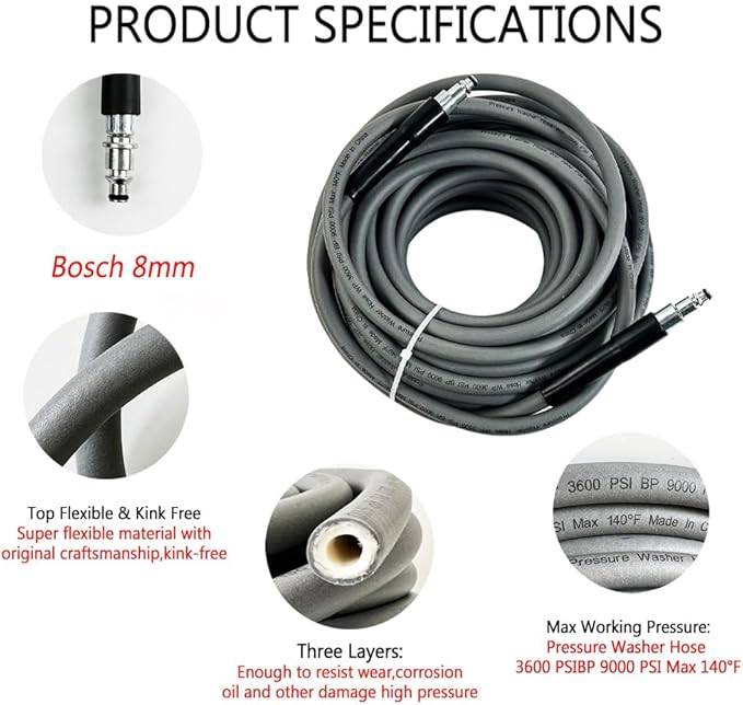 5800PSI/400Bar Ultra Flexible Pressure Washer Hose for Bosch Home Cleaning, 5M-30M High Pressure Extension Tube with Quick-Connect Adapter,(Red/Blue/Yellow/Green/Grey/Orange/Light Blue)(Grey,64FT)
