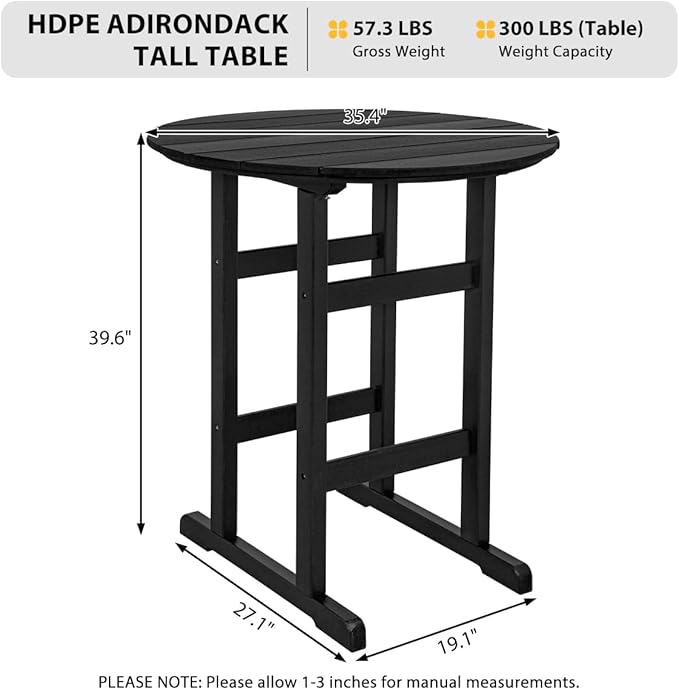 Sundale Outdoor Adirondack Round Bar Table, 39 Inch Height Patio Large Pub Table for 4, All Weather HDPE High Top Bistro Counter Table for Outside Deck Porch Balcony Poolside, Black