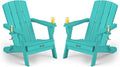 Folding Adirondack Chair Wood Texture 2 Pack, HDPE All-Weather Fire Pit Chairs, Plastic Adirondack Chairs with 2 Cup Holder, Outdoor Lawn Chair for Patio Garden (Lake Blue)