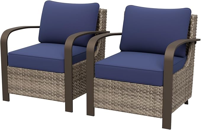 COOS BAY Aurora Terrace Outdoor Chairs with Cushions, Wicker Dining Set with Deep 4-Inch Seating, Modern Curved Armrest Porch Chairs, Set of 2, Beige/Blue