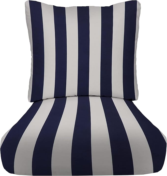 RSH DECOR Deep Seating Cushion with Pillow Back | 22” x 25” x 5" Seat | Water and Fade-Resistant Spun Fabric | Made in USA | Outdoor Chair Cushion Set for Patio Furniture (Navy Blue & White Stripe)