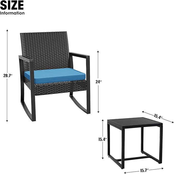 3 Pieces Outdoor Patio Set -Wicker Rattan Chair Conversation Set with Glass Table for Poolside Yard Rocking Chair Set for Bistro Garden Front Porch All Weather Patio Furniture Set
