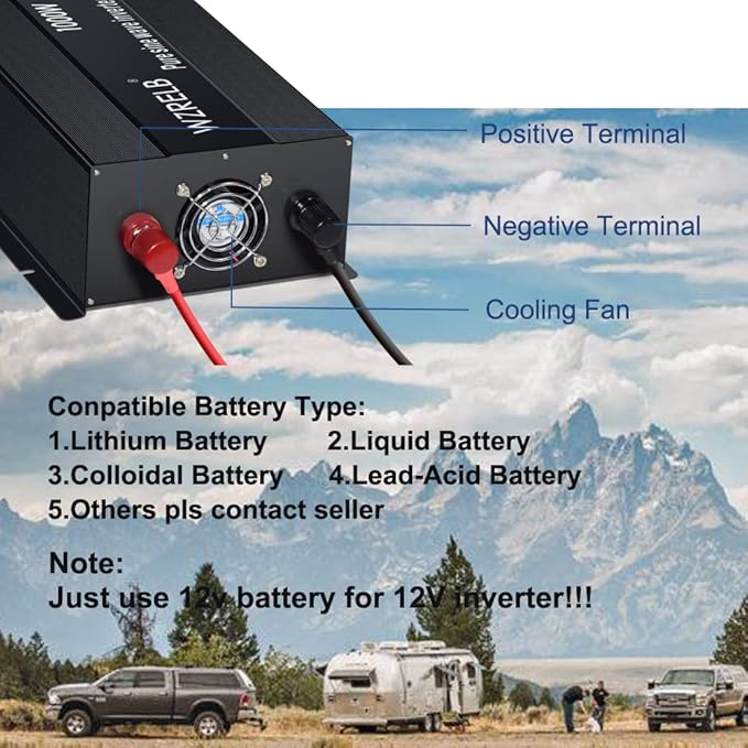 WZRELB 500W Pure Sine Wave Inverter 12VDC to 120VAC Solar Power Converter Truck RV Home LCD Display