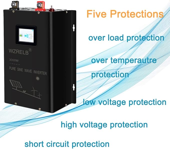 WZRELB 3000W 48V Pure Sine Wave Inverter 48VDC Input to 120VAC 240V AC Split Phase Output, 4 ac Outlets,AC Hardwire Terminal,LCD Display for Home,RV,Truck