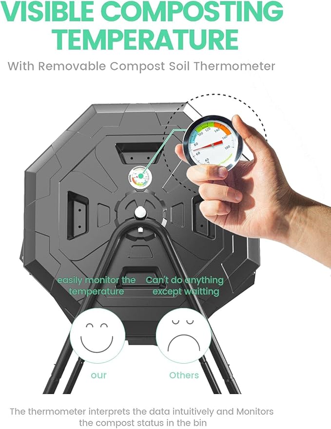 2021 Upgraded Tumbling Composter with Compost Thermometer - Dual Chamber Garden Compost Bin(43 Gal, Green)