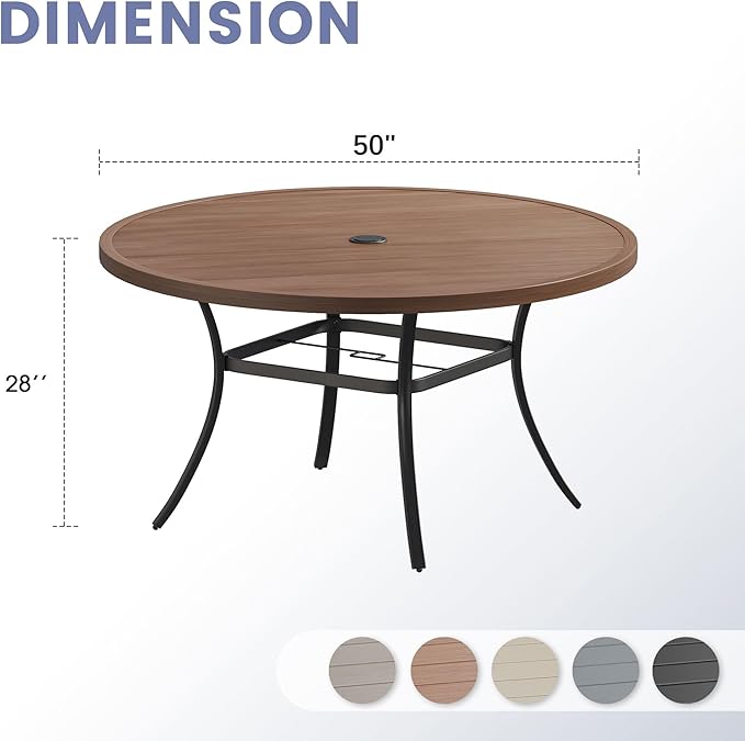 VICLLAX Outdoor Patio Round Dining Table, 50"x 50" Metal Slatted Round Tabletop with Adjustable Umbrella Hole for Deck Lawn Garden Backyard, Walnut
