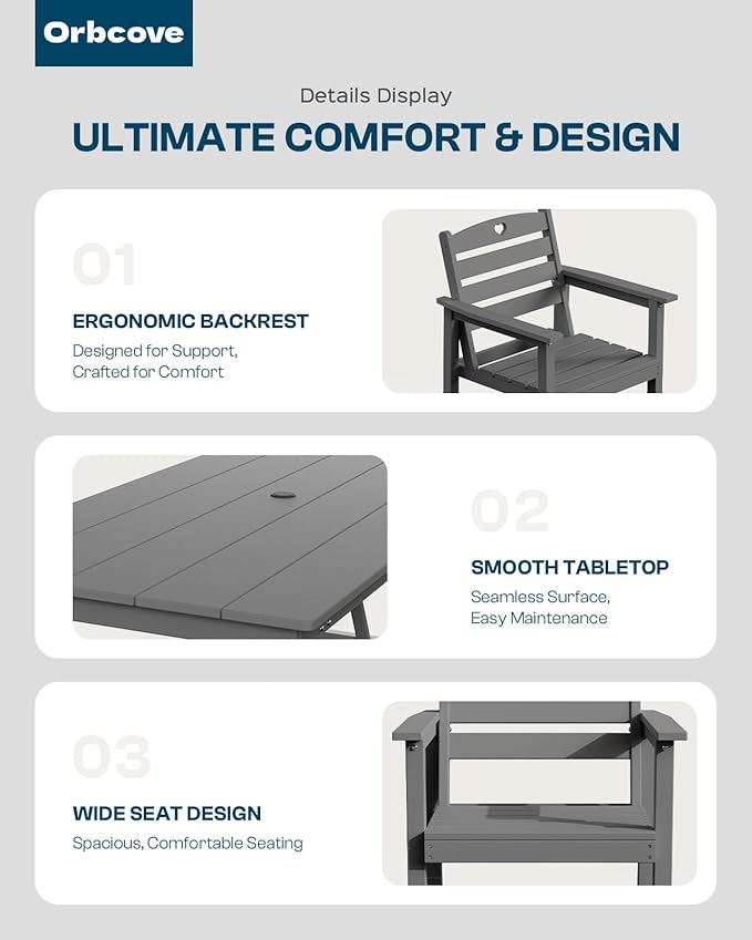 Patio Table and Chairs Set with Umbrella Hole, HDPE Patio Dining Set for 4, Outdoor Dining Set for Lawn, Patio, Porch, Deck, Poolside, Yard (Grey, 5-Piece)