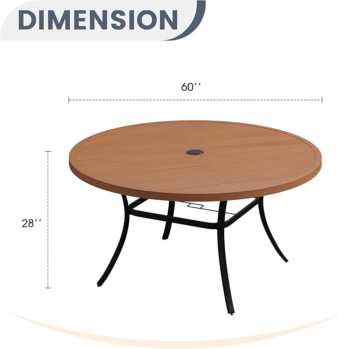 VICLLAX 60" Outdoor Round Patio Dining Table for 8-10, All Weather Metal Dining Table with Umbrella Hole for Deck Lawn Garden Backyard, Walnut