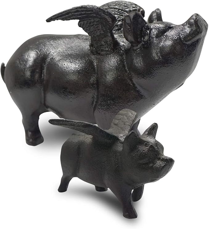 NACH Cast Iron Flying Pig Garden Statue - Black Door Stopper, Rustic Decor Sculpture, Paperweight, Outdoor Statue - 5.5x3.5x3.9 Inch, JS-92-040