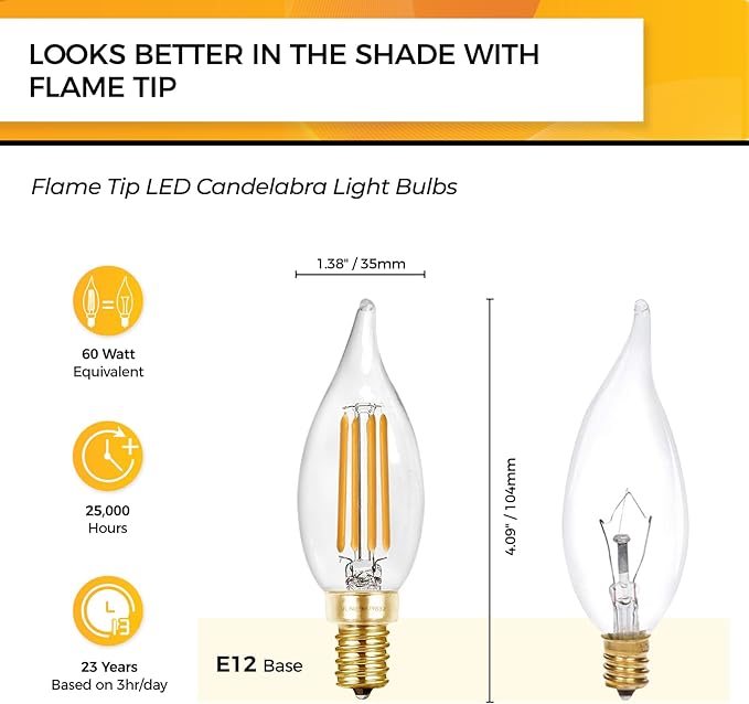 Hizashi E12 Candelabra Bulb 60 watt 2700K Soft Warm White, Dimmable E12 LED Bulb, 90+ CRI 6W 550LM, CA11 Flame Tip LED Chandelier Light Bulbs Candelabra Base, UL Listed - 6 Pack