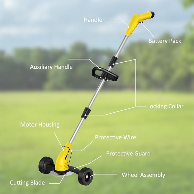 Electric Weed Wacker Cordless： String Trimmer with Roller 2Types Blades - 2.0Ah 12V Battery Powered Lightweight Grass Cutter/Mower for Yard and Garden, Yellow
