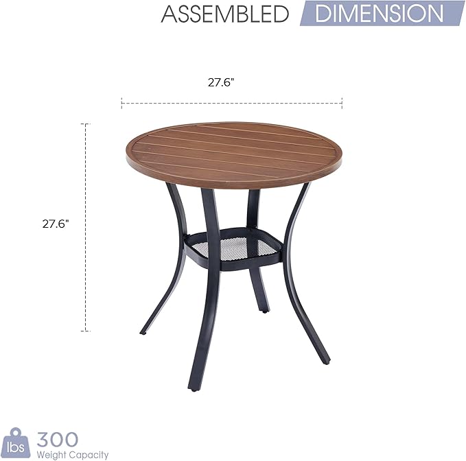 VICLLAX Outdoor Patio Round Dining Table, 28"x 28" Metal Slatted Round Tabletop with Storage Shelf for Deck Lawn Garden Backyard, Walnut