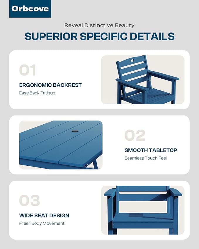 Patio Table and Chairs Set with Umbrella Hole, HDPE Patio Dining Set for 4, Outdoor Dining Set for Lawn, Patio, Porch, Deck, Poolside, Yard (Classic Blue, 5-Piece)