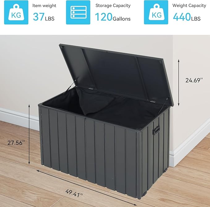Outdoor Storage Box, 120 Gallon Metal Deck Box Built-in a Oxford Fabric Storage Bag, Lockable & Waterproof Outside Patio Storage Box - Gray