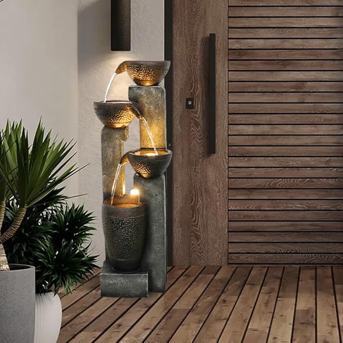 Outdoor Garden Water Fountain-Indoor Polyresin Waterfall Floor-Standing Fountains with LED Lights for Garden, Patio, Deck, Porch, Yard Art Decor (40inch)