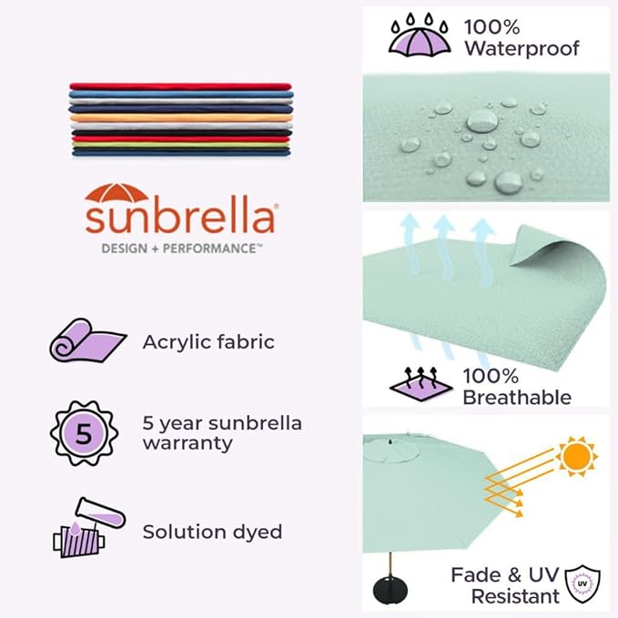 Midtown Umbrellas Sunbrella Umbrella Large Patio Umbrella 2-10 Feet in Canvas Glacier Fabric Auto-Tilt Aluminum Frame Backyard Umbrella, Deck Umbrella, Garden Umbrella & Porch Umbrella - Wooden Pole