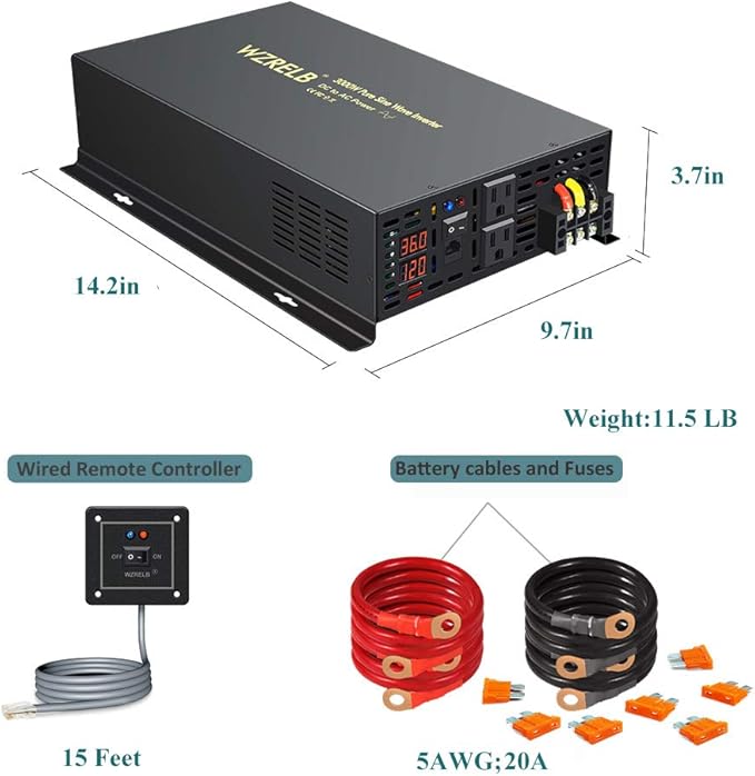 WZRELB 3000W 36VDC 120VAC Pure Sine Wave Power Inverter with 2 AC Outlets Wired Remote Control Car Inverter