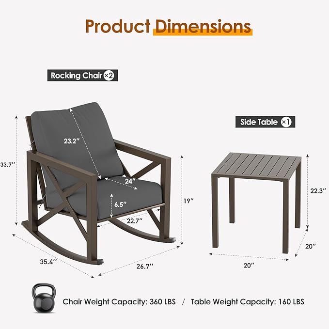 Outdoor Rocking Bistro Set, Patio Rocking Chairs Set of 2 with Coffee Table, 3 Pieces Metal Conversation Sets with 6.5" Thick Cushions for Backyard, Porch, Poolside, Oversized (Gray)
