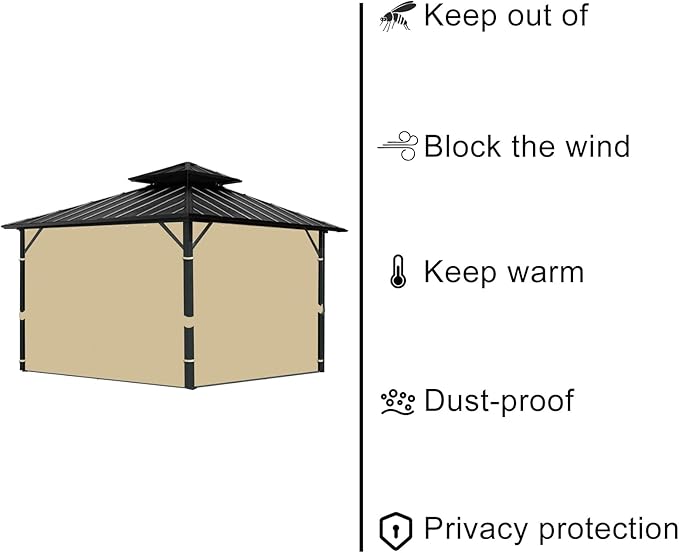 Gazebo Universal Replacement Privacy Curtain, 10'X12' Gazebo Curtains Outdoor Waterproof, 4-Panels Sidewall with Zipper for Patio, Garden and Backyard (Only Curtains, 10'X12', Khaki)