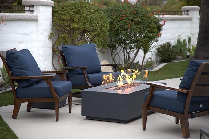 AMS Creations | Chelsea 55 inches Rectangular Propane Gas Outdoor Fire Pit Table | Concrete GFRC Fire Pit Table | with SS Burner, Tank Cover, Canvas Cover, SS Lid, Lava Rock, and Wind Guard Included