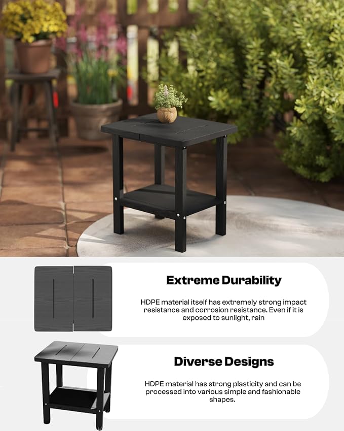 Kingdura Adirondack Outdoor Side Table, 16 x 13 Inches HDPE Plastic Outside End Tables for Patio Pool Porch Backyard Indoor, 2 Tiers Storage Shelf, All Weather Resistant, Easy Maintenance