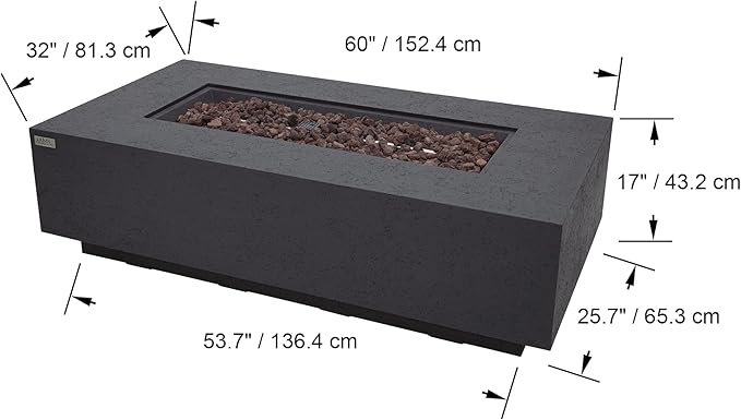 AMS Creations | Madison 60" Bundle Rectangular Natural Gas Outdoor Fire Pit Table | Dark Gray Concrete GFRC | Limestone Texture or Surface | Electronic Ignition | Outside Backyard Fireplace