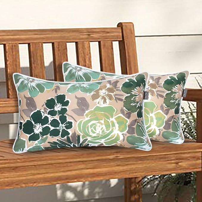 Magpie Fabrics Patio Lumbar Pillow Covers ONLY 20"x12", Set of 2, Outdoor Indoor Cushion Cases Decorative Throw Rectangular Pillowcase Shell for Couch Garden - Green Floral