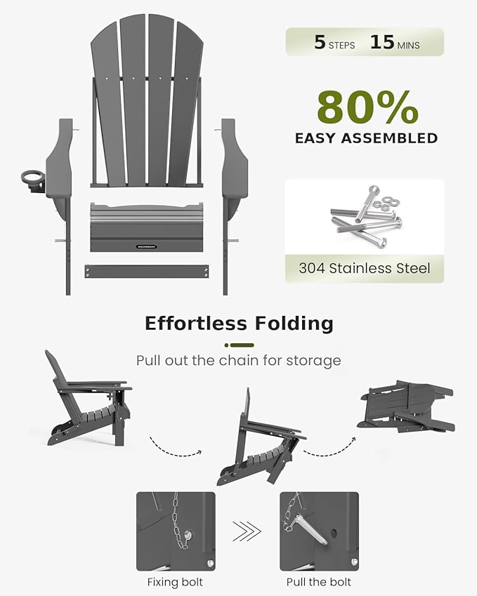 MUCHENGHY Folding Adirondack Chairs HDPE Weather Resistant 4 Pack, Patio Firepit Chairs, Sturdy Outside Chairs, Lawn Chairs, 15min Assembly 380lb Grey