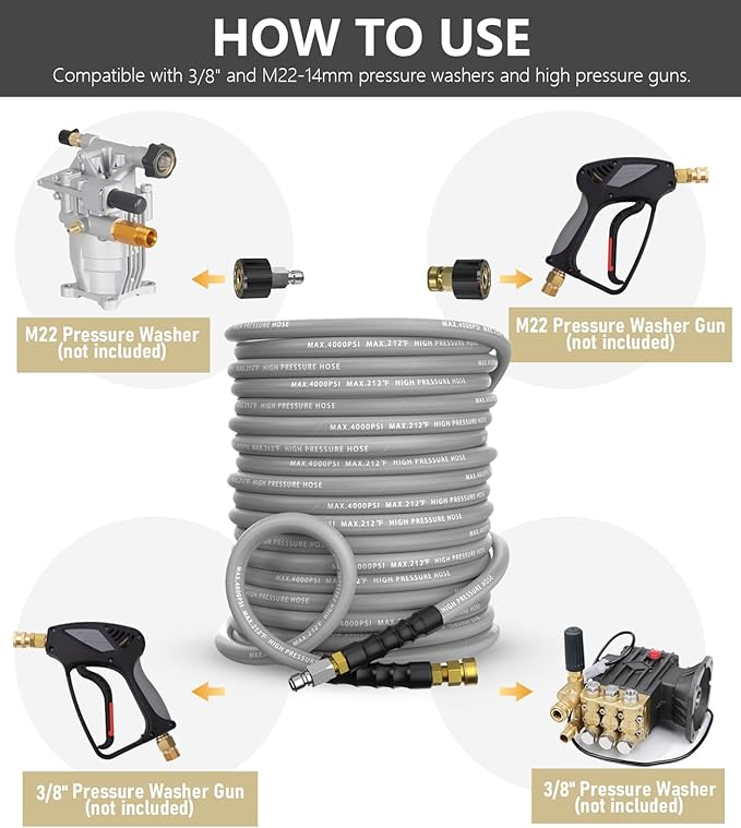 Pressure Washer Hose 200FT 4000 PSI, Kink Resistant Steel Braided Layer & NonMarking Rubber for Hot/Cold Water, High Power Washer Hose With 3/8 Inch Quick Connect & M22 Fitting, Gray