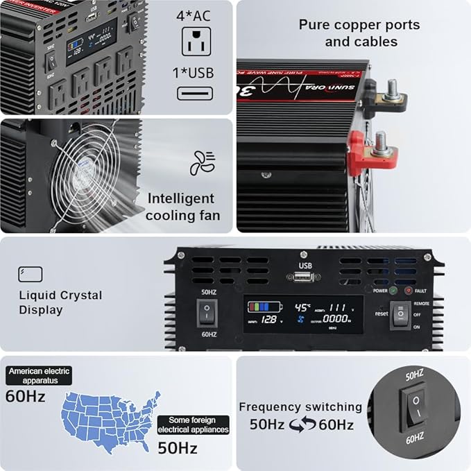 3000W Pure Sine Wave Power Inverter 12V DC to 110V AC Converter Peak Power 6000W Car Inverter with 4 AC Outlets, 1 USB Port, Cables Included & Remote Controller for RV Truck Off-Grid Solar
