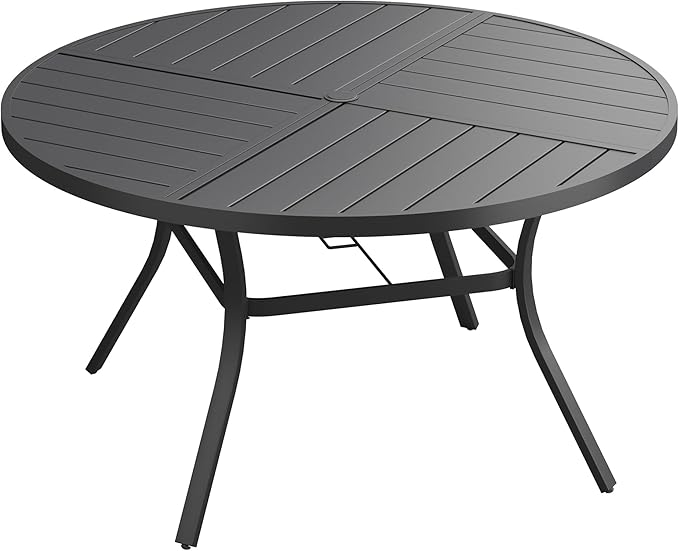 DIFY 59.8" Round Outdoor Patio Dining Table for 8-10, All-Weather Metal Steel Slatted Patio Table with 1.57" Adjustable Umbrella Hole, for Lawn Garden Porch Backyard, Black
