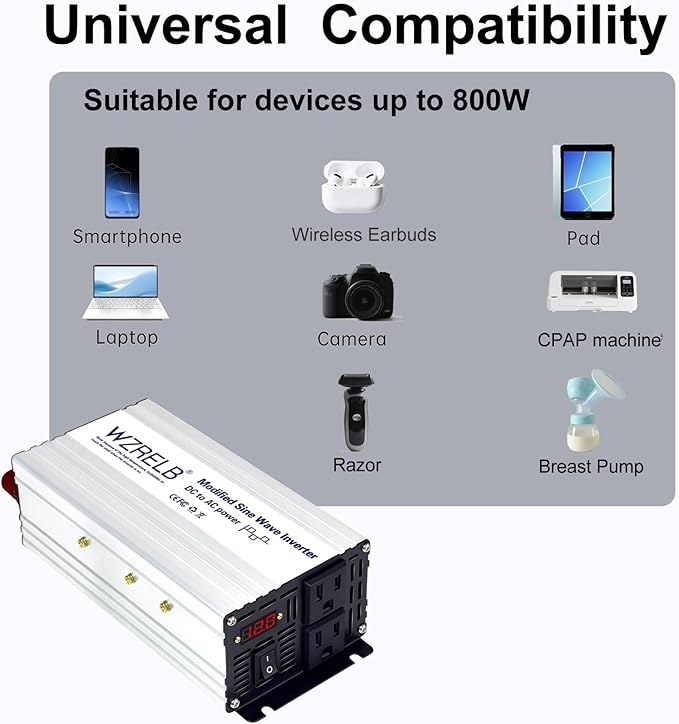 WZRELB 800W Power Inverter 12V DC to 110V 120V AC,1600W Peak Modified Sine Wave Car Inverter with LED Display,Dual AC Outlets,Soft Starter,Off-Grid Power Converter with High Efficiency up to 90%