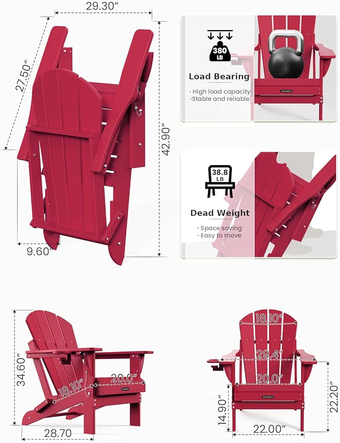 MUCHENGHY Folding Adirondack Chairs Set of 4, Patio Chairs, Lawn Chairs, Outdoor Chairs, Adirondack Chair Plastic, Fire Pit Chairs, Weather Resistant with Cup Holder for Deck, Backyard, Garden(Red)