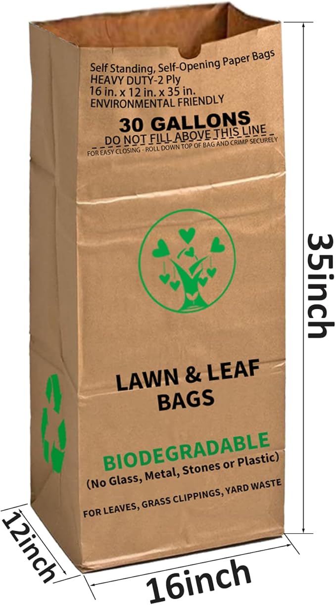 30 Gallon Heavy Duty Brown Paper Lawn and Leaf Bags with 20 GAL Dustpan-Type Bag, 2-Ply Heavy Duty Large Kraft Paper Bags (10 Count) | Tear Resistant Yard Waste Bag for Home and Garden