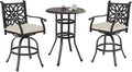MFSTUDIO 3 PCS Retro Cast Aluminum Patio Bar Set with 2 Swivel Bar Height Stool and 1 Bar Round Table, All Weather Resistant Outdoor Table and Chairs Set