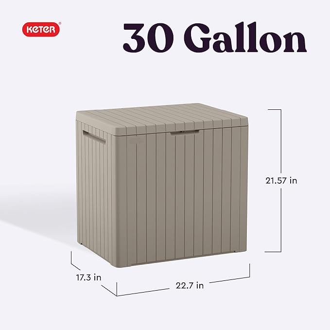 Keter City 30 Gallon Resin Outdoor Storage Box and Patio Furniture Side Table for Pool and Garden Accessories, Beige