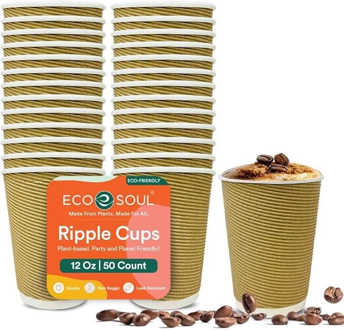 ECO SOUL 12oz Compostable Ripple Cups (50 Pack) – Biodegradable Paper Cups, Non-Toxic Disposable Cups for Hot Drinks, To-Go Coffee Cups, Eco-Friendly & Ripple Paper Cups