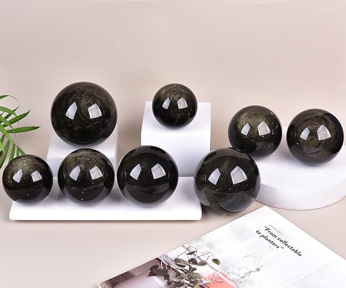 JIC Gem Large Golden Obsidian Crystal Sphere Quartz Crystal Ball with Stand Healing Ornament Witchcraft Meditation Home Decor 3.1-3.5 inch(80-90mm)